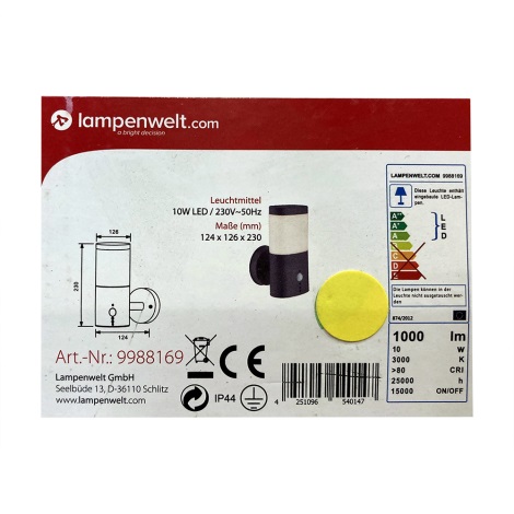 Lampenwelt - LED Outdoor light with sensor LED/10W/230V IP44