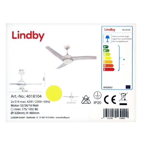 Lindby - Ceiling fan EMANUEL 2xE14/42W/230V + remote control
