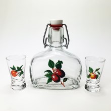 Set 1x glass bottle and 2x glass for shots clear with a fruit motif
