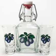 Set 1x glass bottle and 2x glass for shots clear with a plum motif