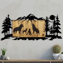 Wall decoration 108x47 cm wolf family wood/metal